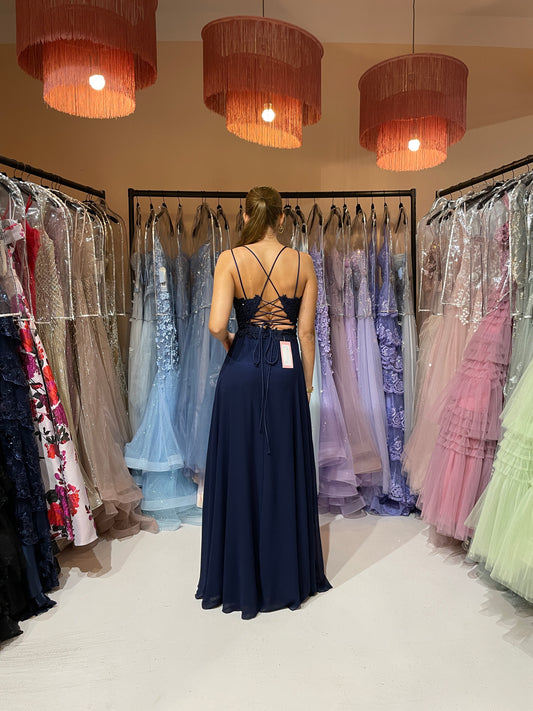 Fließendes Abendkleid mit Beinschlitz " Felie - Navy "