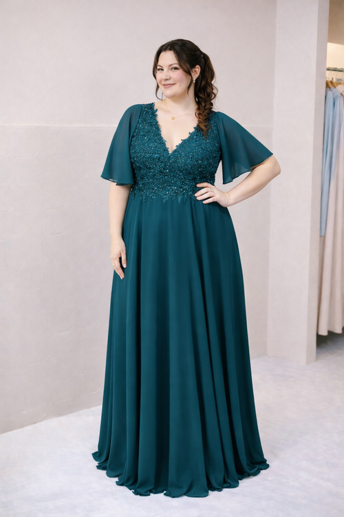 Abendkleid mit Ärmeln in Petrol