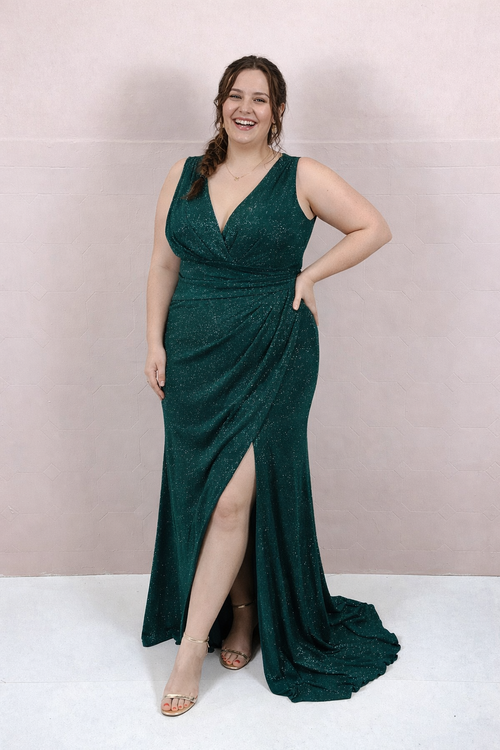 dunkelgrünes Abendkleid aus glitzerndem Stretchmaterial mit Schlitz für große Größen