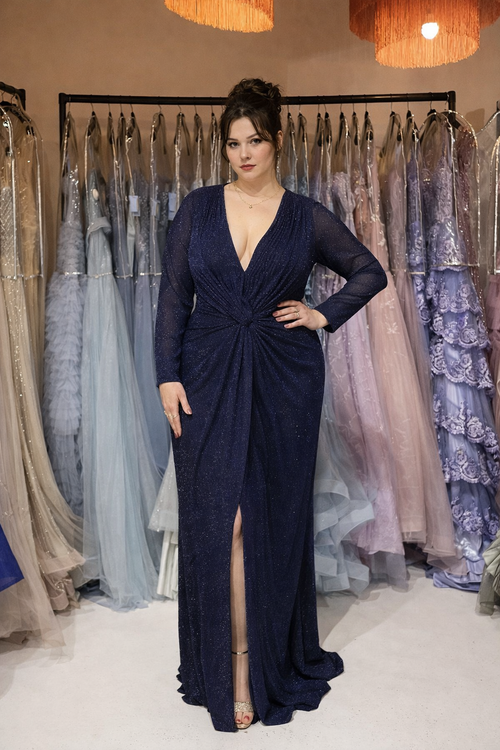 Glitzerndes Abendkleid mit langen Armen in Navy