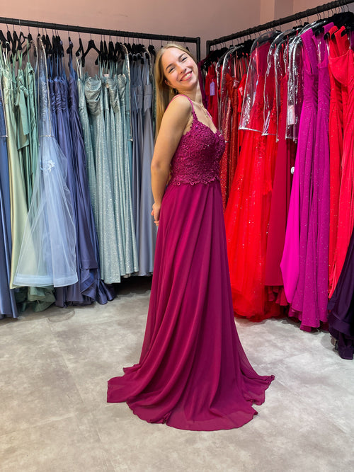 Pinkes Abendkleid in A-Linie mit glitzerndem Oberteil