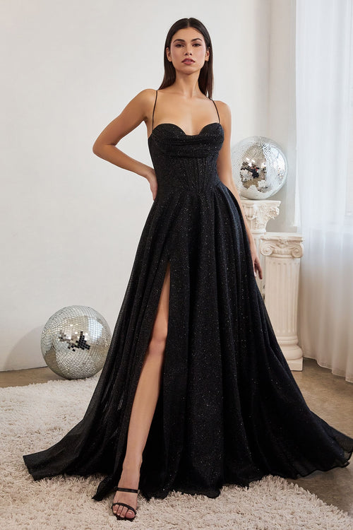 Glitzerkleid für Abiball mit Corsage und Rückenschnürung in Schwarz