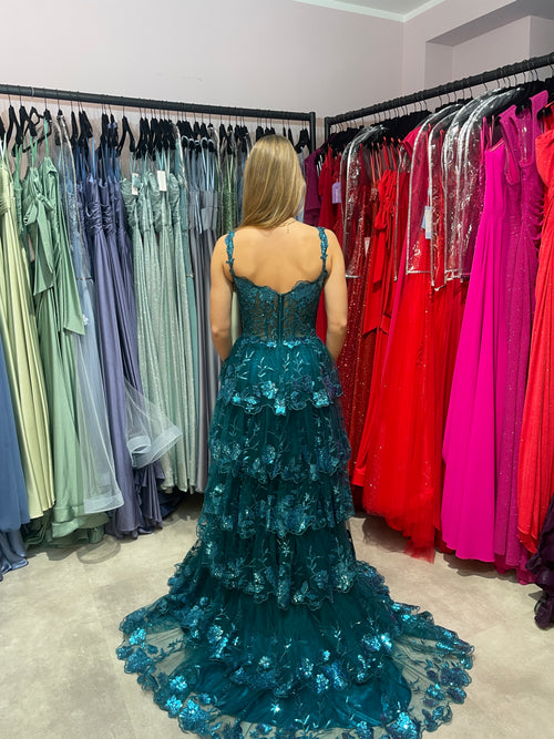 Mehrstufiges Tüllkleid für Abiball in Petrol mit viel Glitzer, Rückenansicht