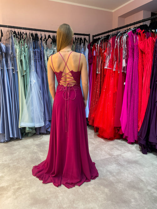 Pinkes Abendkleid in A-Linie mit glitzerndem Oberteil und Rückenschnürung