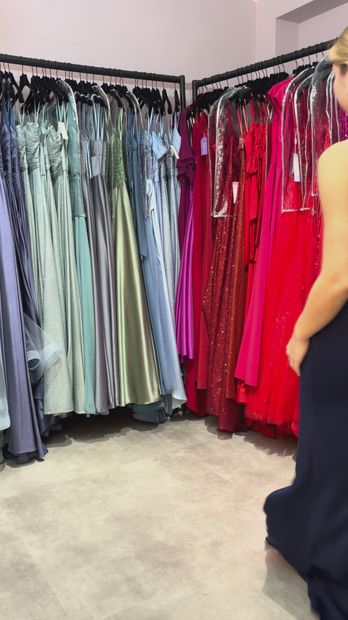 enganliegendes Abiballkleid mit Corsage, Rückenschnürung und einem Beinschlitz in Dunkelblau