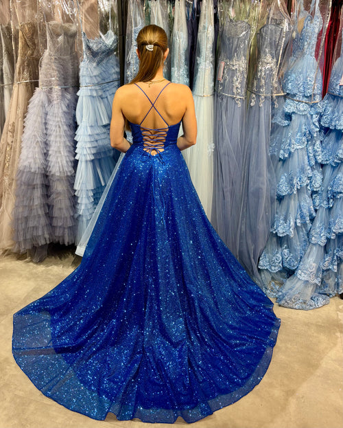 Glitzerkleid für Abiball mit Corsage und Rückenschnürung in Royalblau