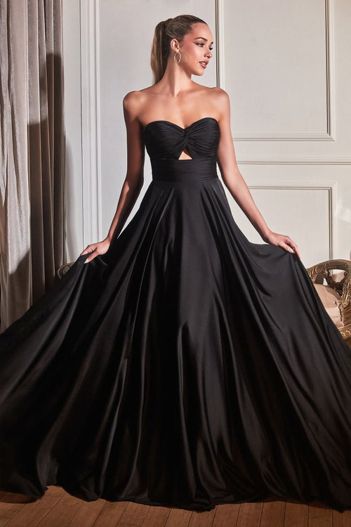 Trägerloses Bustierkleid mit weitem schwingenden A-Linienrock in glänzendem Satin in Schwarz